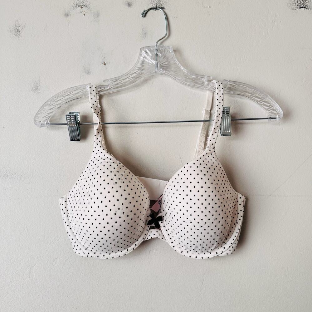 Victorias Secret White And Black Polka Dotted Lined T Shirt Bra Women’s 32DD